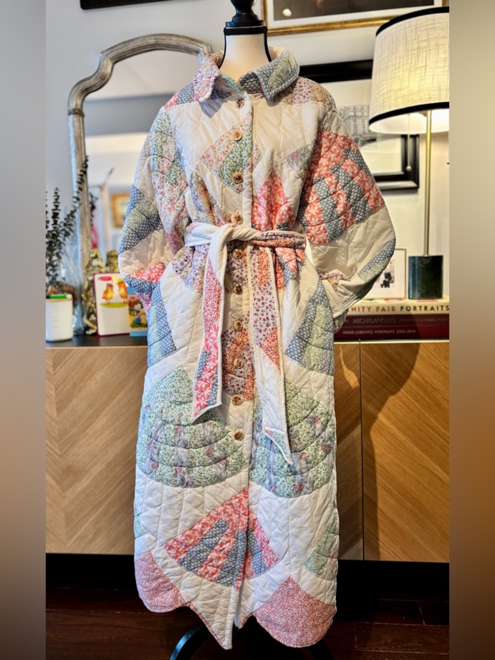 💕SOLD 🧵HANDMADE Fan Patchwork Long Quilt Belted Coat in Pastel Floral S/M - Picture 12 of 16